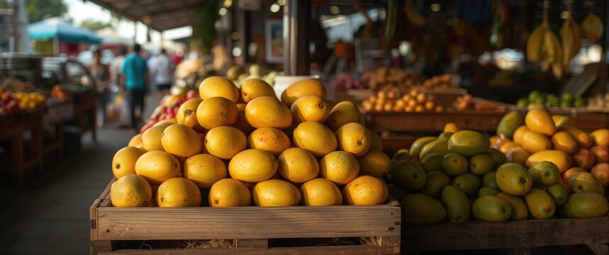 Display of fresh yellow mangoes at a fruit market stall highlighting Thailand's traditional fruits