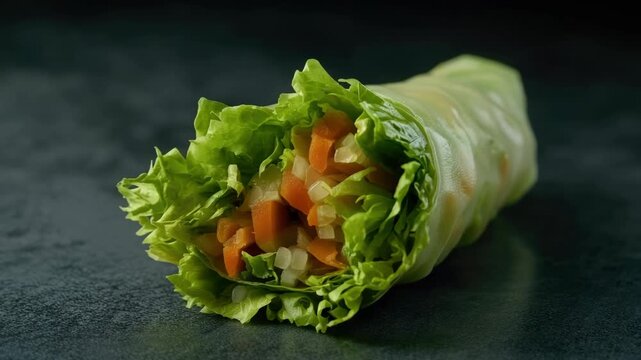 A close-up shot of a fresh vegetable wrap on a dark surface, featuring crunchy lettuce, vibrant carrots, and soft bread. Ideal for healthy eating, vegetarian cuisine or food .