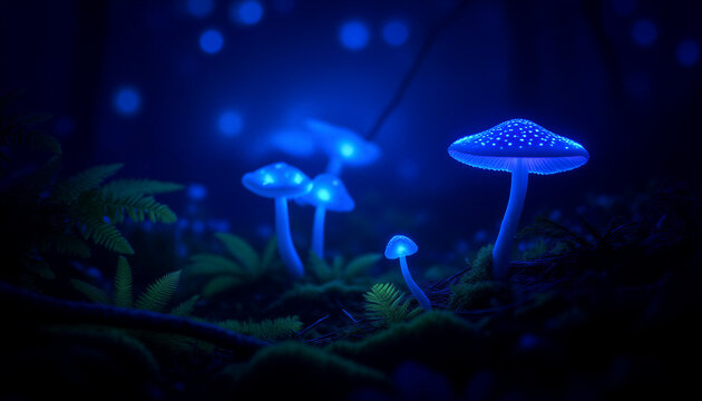 Leuchtende Wald-Pilze: Eine mystische Szenerie mit blau fluoreszierenden Pilzen, die in einem dunklen, n&auml;chtlichen Wald eine magische Atmosph&auml;re verbreiten.KI Generiert
