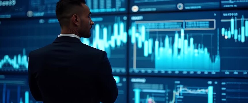 Business professional analyzes dynamic financial data on large digital screens, with a slow camera pan capturing fluctuating graphs in a modern, cinematic office setting.