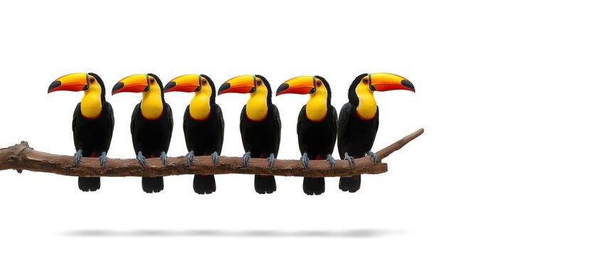 Group of Toucans on tree branch isolated against white background