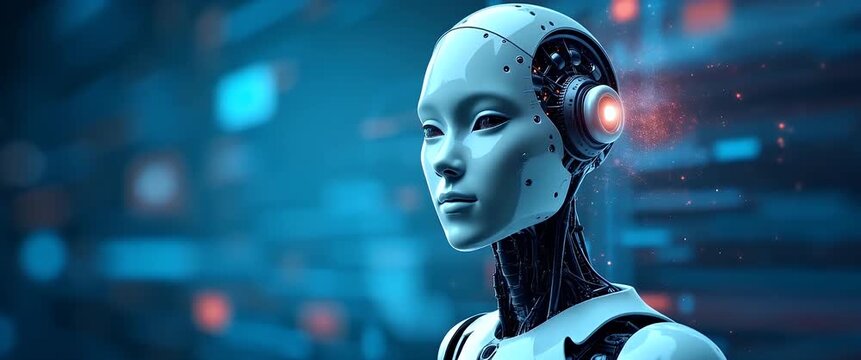 Futuristic humanoid robot head with glowing eye rotates gently as the camera slowly pans, set against a dynamic digital background with light particles, in a cinematic sci-fi style.