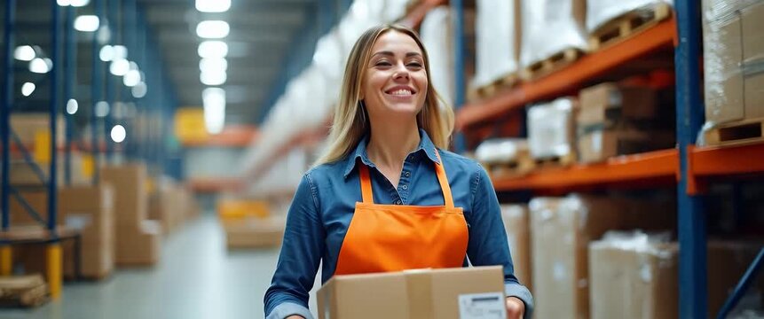 Smiling worker carries a package through a bustling warehouse, camera smoothly tracks her movement as ambient lights softly flicker, creating a cinematic, logistical efficiency scene.
