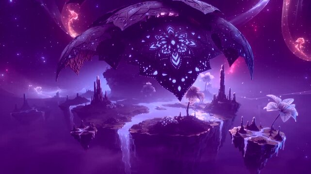 Slow animation of cosmic particles transforms into a detailed surreal landscape with floating islands glowing flowers and rivers of light in generative AI style.