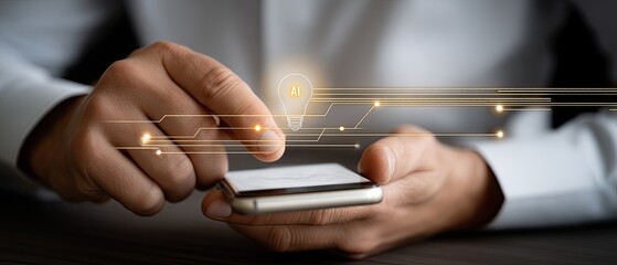 A man holds a smartphone displaying holographic icons while engaged in digital marketing and technology ideas.