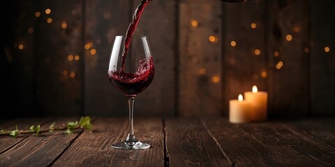 Pouring red wine into a glass against a rustic surface, texture for editorial headers