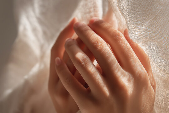 Human hands touching soft fabric in warm light, comfort and textile sensitivity concept