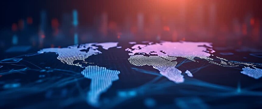 Digital World Map with Dynamic Data Flow: Cinematic view of a glowing digital world map, data points flickering, slow pan camera motion, and ambient light shifts creating a high-tech atmosphere.
