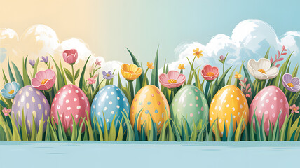 Easter eggs in a vibrant spring meadow with tulips and daffodils