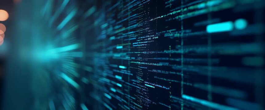 Digital code streams across a futuristic screen as the camera slowly pans, illuminating the dynamic world of programming and technology in a cinematic, high-tech setting.