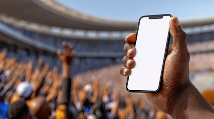 Hand holds a blank mobile phone in front of a hockey stadium during a lively game, showcasing a large crowd and bright lights.