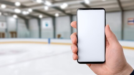 Hand holds a blank mobile phone in front of a hockey stadium during a lively game, showcasing a large crowd and bright lights.