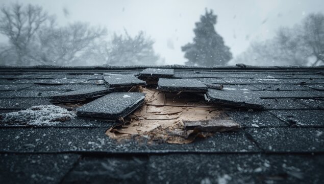 Wind-induced roof shingle damage on a residential home, winter storm safety and repair, seasonal weather impact