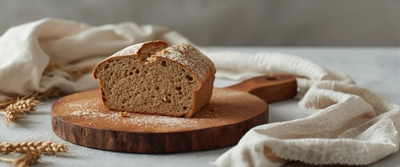 Naklejka premium Home baked spelt bread cut in half revealing open crumb texture with crusty wheat loaf