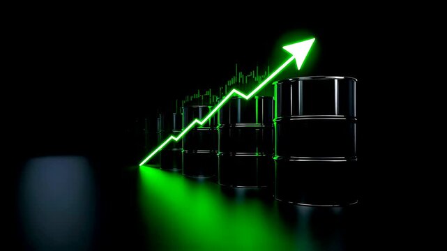 Green glowing upward arrow graph rising over row of shiny oil barrels energy growth profit increase dark background financial success visualization