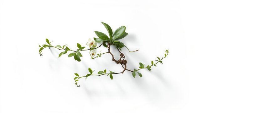 Vanilla orchid with flowering, known as flat leaved vanilla, the plant producing vanilla spice, commercially significant climbing plant on white background