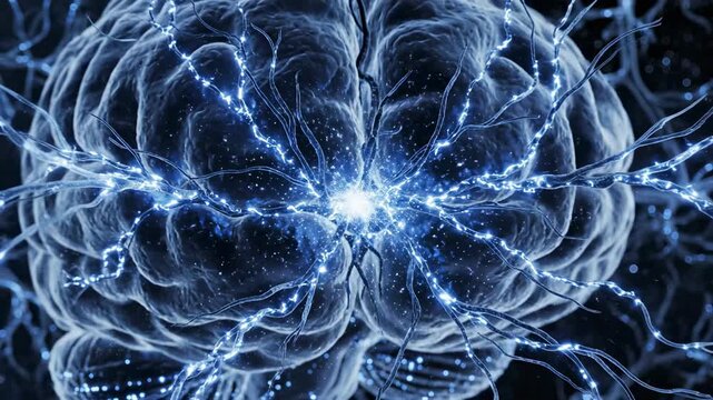 Glowing neural brain network with electric synapse pulses.