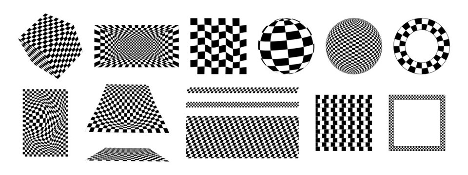 Set of chessboards, checkered borders and frames, cube and ball figures, banners and room isolated on white background. Collection of different checkerboard textures. Vector graphic illustration