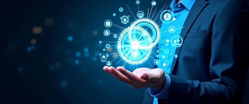 Business professional holds a glowing digital interface, animated gears turning, as the camera slowly pans across a futuristic, cinematic blue background with ambient light flicker.