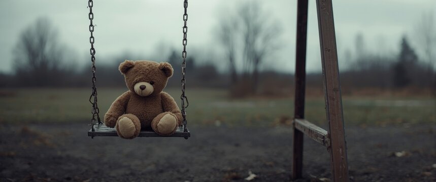 On a dull day at the playground, a lost teddy bear with a sad expression rests alone on a swing, highlighting themes of loneliness and loss.
