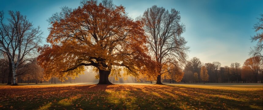 Autumn landscape with painted birches, oak, and maple trees and aged grass