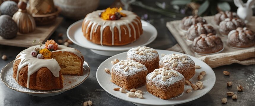 Serving Easter cakes on plates: panettones with icing, dried berries, flowers, cruffins with powdered sugar and almonds. Family business setup.
