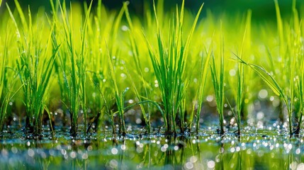 Vibrant green grass stalks glistening with morning dew and reflecting sunlight in a tranquil, wet field