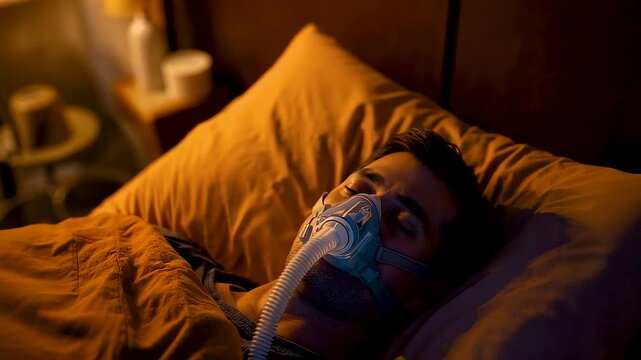 Man sleeping with CPAP mask oxygen therapy breathing device warm bedroom night rest sleep apnea treatment health care scene