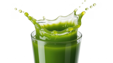 Green juice splashing in a glass liquid motion isolated on a transparent background