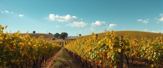 Obraz premium GrapeVines aligned in rows on a hillside vineyard