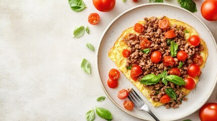 Savory Omelette Topped with Ground Meat, Cherry Tomatoes, and Fresh Basil on Rustic Plate, Garnished with Green Herbs, Perfect for Breakfast or Brunch