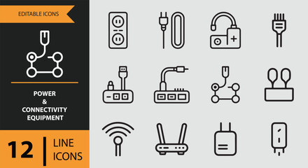 Line icons collection of power and connectivity equipment, cables, and network devices