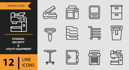 Collection of line icons for storage, security, and utility equipment in office settings