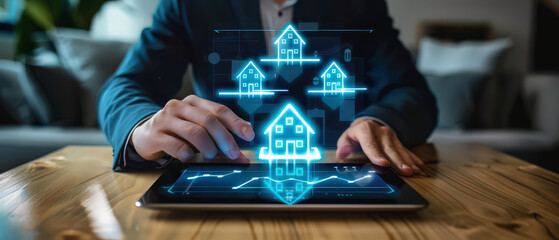Person interacting with holographic smart home icons on tablet. Concept of real estate, housing, digital property, and technology innovation.