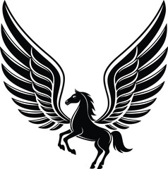 Obraz premium Mythical Pegasus Emblem: A striking black illustration of a Pegasus, a legendary winged horse, stands in a bold, eye-catching design, symbolizing grace, freedom, and the boundless spirit.