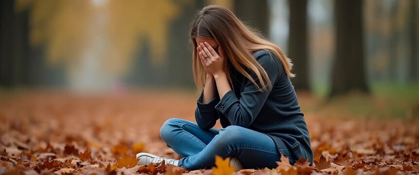 A young woman sits pensively among autumn leaves, gently swaying in the breeze, as the camera slowly pans across a serene, cinematic forest path, capturing the essence of solitude and reflection.