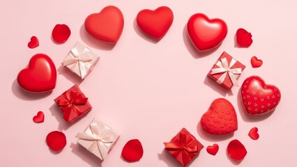 Valentine&rsquo;s Day flat lay, red hearts and gift boxes on pastel background, soft natural lighting, clean composition, romantic holiday concept, ultra-realistic stock photography