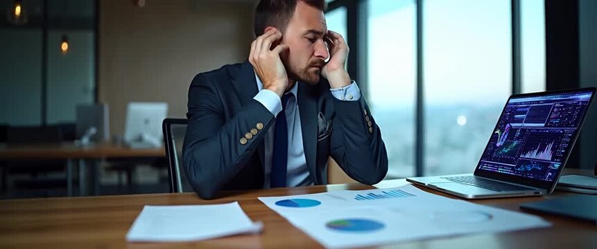 Stressed businessman with head in hands in modern office, papers scattered; camera slowly pans across cinematic scene as ambient light flickers, highlighting corporate anxiety.