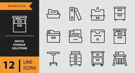 A collection of 12 line icons depicting various office storage solutions for organization and efficiency