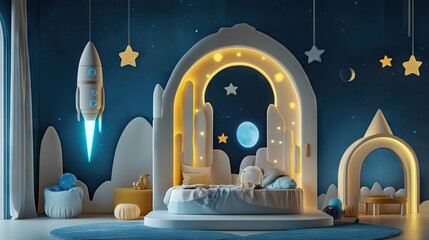 Whimsical children's bedroom design featuring rocket decor, starry walls, moon accents, and playful elements for an imaginative space theme