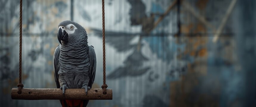 Caged gray parrot