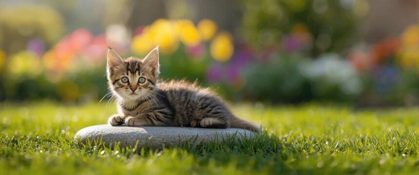 Summer scene with a cat lying on a stone in the garden background, featuring flowers, grass, and a joyful atmosphere