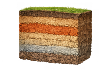 Soil layers cross section showing earth horizons, ground cube profile with grass, clay, sand, and rock beds