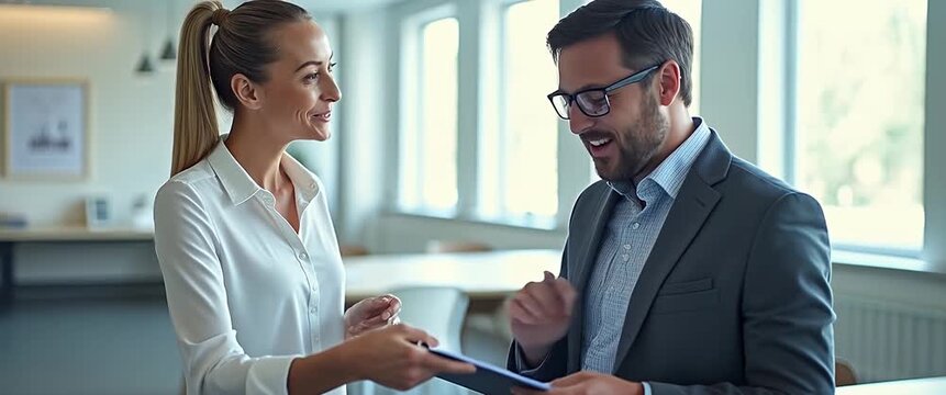 Professional colleagues exchange documents in a modern office setting, with a slow pan capturing their engaging discussion; ambient light flickers gently, creating a cinematic atmosphere.