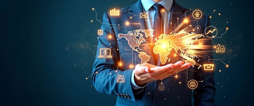 Businessman presents glowing digital globe with animated financial charts; camera tracks slowly, emphasizing innovation and technology in a cinematic, futuristic office setting.