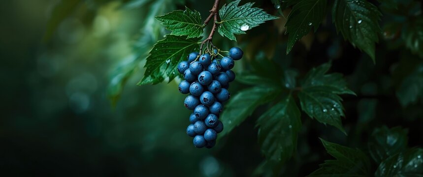 Blue fruits of creeping Oregon grape Mahonia aquifolium
