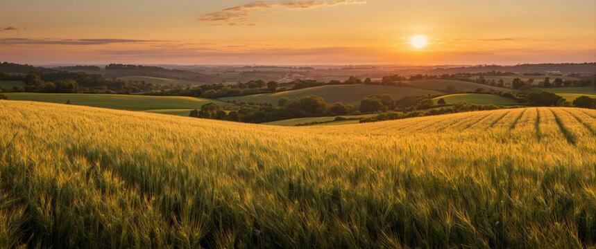 Sunset glow over vast wheat fields and lush landscaped green countryside on Canterbury's outskirts
