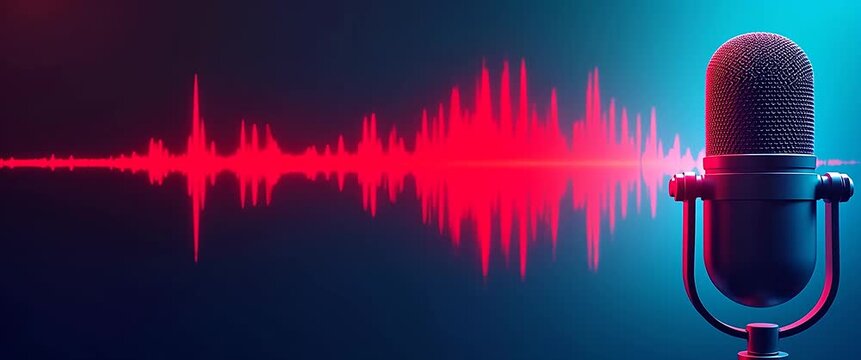 A vintage microphone stands still as sound waves pulse rhythmically in the background, with a slow pan capturing the ambient glow in a cinematic, broadcast-ready scene.