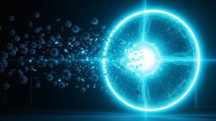 Naklejka premium Abstract blue glowing orb with particles emanating outwards, science and technology concept