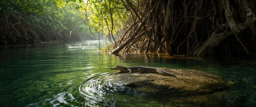 Young crocodile in a tropical mangrove river near Bentota Beach, Galle District, Southern Province, Sri Lanka